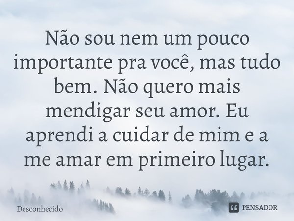 ⁠Não sou nem um pouco importante pra você, mas tudo bem. Não quero mais mendigar seu amor. Eu aprendi a cuidar de mim e a me amar em primeiro lugar.