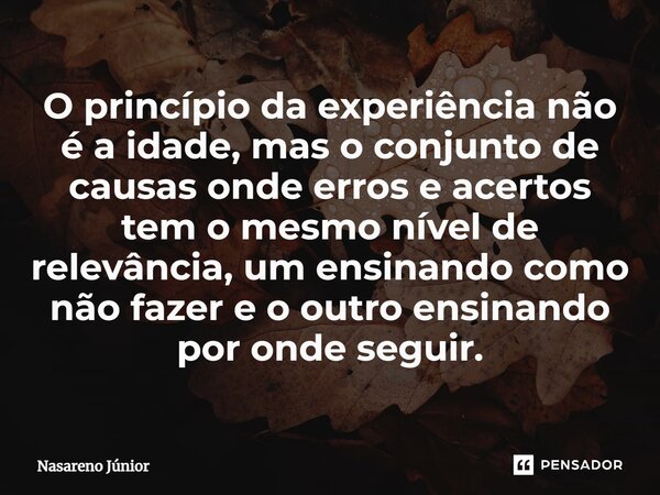 ⁠O princípio da experiência não é a idade, mas o conjunto de causas onde erros e acertos tem o mesmo nível de relevância, um ensinando como não fazer e o outro ... Frase de Nasareno Júnior.