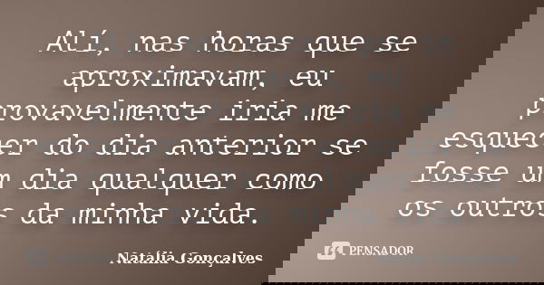 Alí, nas horas que se aproximavam, eu provavelmente iria me esquecer do dia anterior se fosse um dia qualquer como os outros da minha vida.... Frase de Natália Gonçalves.