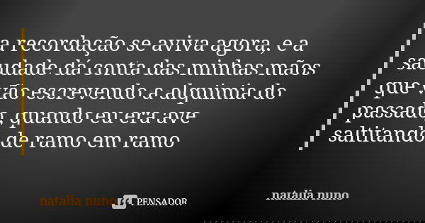 a recordação se aviva agora, e a saudade dá conta das minhas mãos que vão escrevendo a alquimia do passado, quando eu era ave saltitando de ramo em ramo... Frase de natalia nuno.