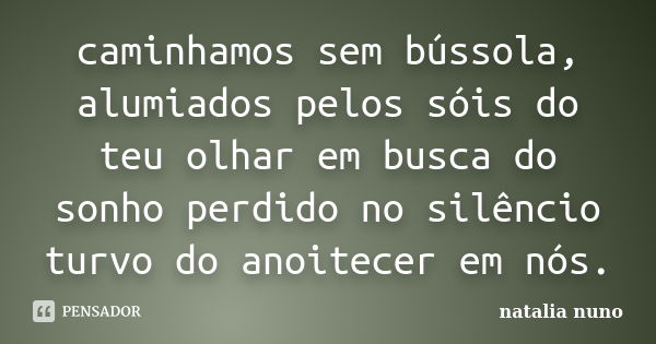 caminhamos sem bússola, alumiados pelos sóis do teu olhar em busca do sonho perdido no silêncio turvo do anoitecer em nós.... Frase de natalia nuno.