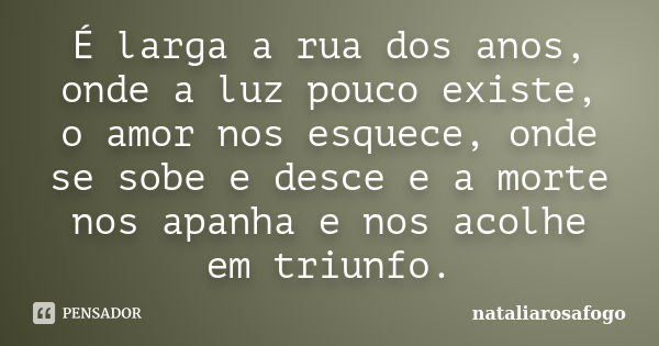 É larga a rua dos anos, onde a luz pouco existe, o amor nos esquece, onde se sobe e desce e a morte nos apanha e nos acolhe em triunfo.... Frase de nataliarosafogo.