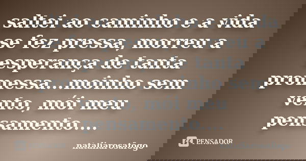 saltei ao caminho e a vida se fez pressa, morreu a esperança de tanta promessa...moinho sem vento, mói meu pensamento....... Frase de nataliarosafogo.