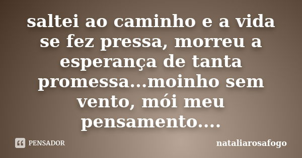 saltei ao caminho e a vida se fez pressa, morreu a esperança de tanta promessa...moinho sem vento, mói meu pensamento....... Frase de nataliarosafogo.