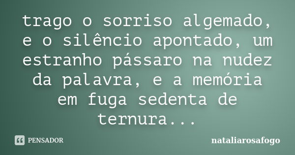 trago o sorriso algemado, e o silêncio apontado, um estranho pássaro na nudez da palavra, e a memória em fuga sedenta de ternura...... Frase de nataliarosafogo.