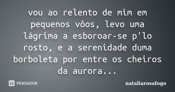 vou ao relento de mim em pequenos vôos, levo uma lágrima a esboroar-se p'lo rosto, e a serenidade duma borboleta por entre os cheiros da aurora...... Frase de nataliarosafogo.