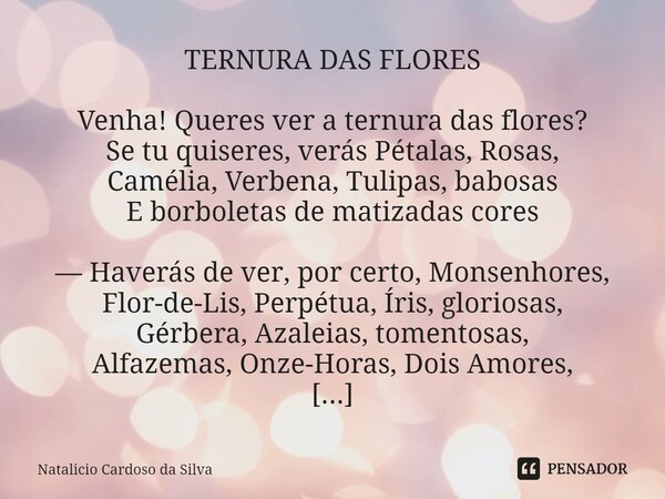 ⁠TERNURA DAS FLORES Venha! Queres ver a ternura das flores? Se tu quiseres, verás Pétalas, Rosas, Camélia, Verbena, Tulipas, babosas E borboletas de matizadas c... Frase de Natalicio Cardoso da Silva.