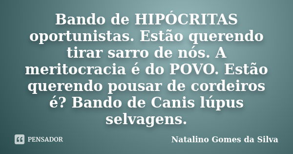 Bando de HIPÓCRITAS oportunistas. Estão querendo tirar sarro de nós. A meritocracia é do POVO. Estão querendo pousar de cordeiros é? Bando de Canis lúpus selvag... Frase de Natalino Gomes da Silva.