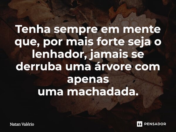 Tenha sempre em mente que, por mais forte seja o lenhador, jamais se derruba uma árvore com apenas uma machadada.... Frase de Natan Valério.