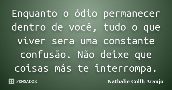 Enquanto o ódio permanecer dentro de você, tudo o que viver sera uma constante confusão. Não deixe que coisas más te interrompa.... Frase de Nathalie Collh Araujo.