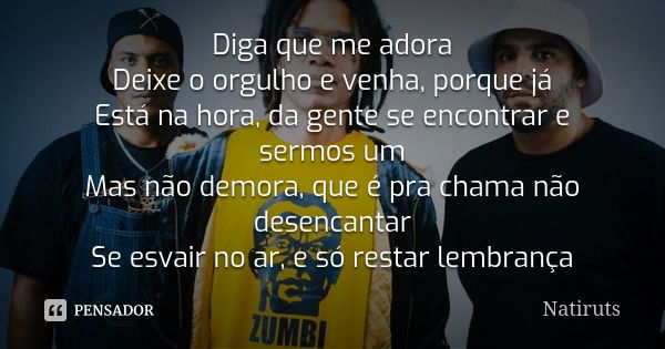 Diga que me adora Deixe o orgulho e venha, porque já Está na hora, da gente se encontrar e sermos um Mas não demora, que é pra chama não desencantar Se esvair n... Frase de Natiruts.