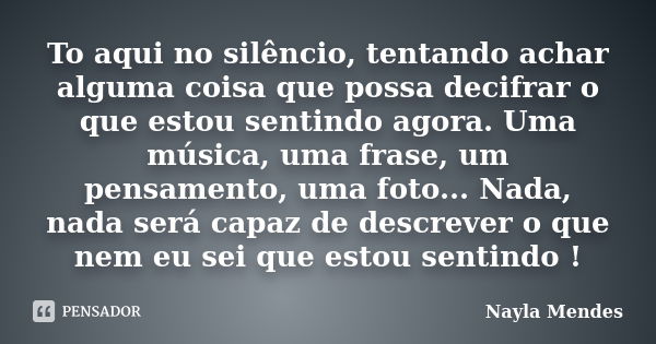 To aqui no silêncio, tentando achar alguma coisa que possa decifrar o que estou sentindo agora. Uma música, uma frase, um pensamento, uma foto... Nada, nada ser... Frase de Nayla Mendes.