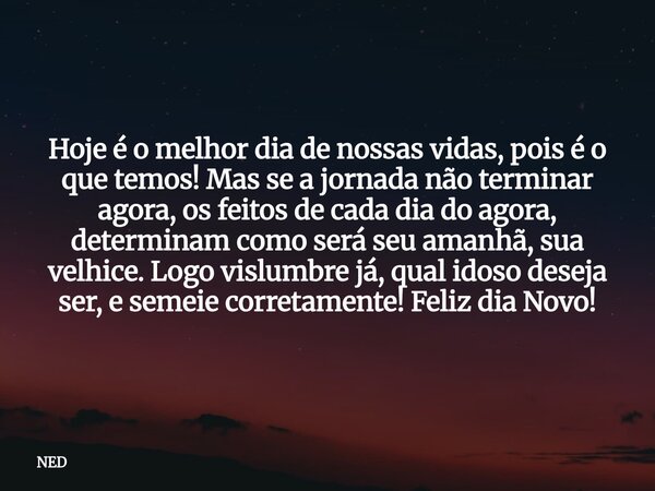 Hoje é o melhor dia de nossas vidas, pois é o que temos! Mas se a jornada não terminar agora, os feitos de cada dia do agora, determinam como será seu amanhã, s... Frase de NED.