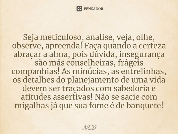 ⁠Seja meticuloso, analise, veja, olhe, observe, apreenda! Faça quando a certeza abraçar a alma, pois dúvida, insegurança são más conselheiras, frágeis companhia... Frase de NED.