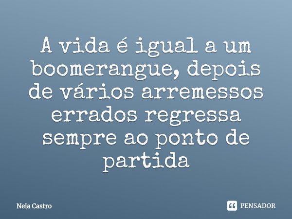 ⁠A vida é igual a um boomerangue, depois de vários arremessos errados regressa sempre ao ponto de partida... Frase de Neia Castro.