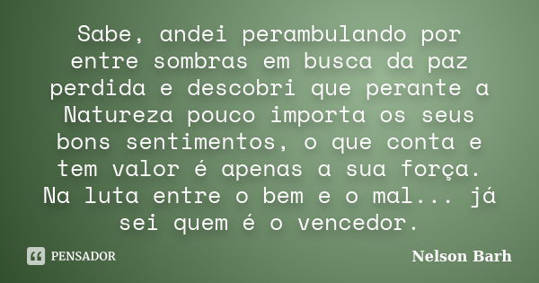 Sabe, andei perambulando por entre sombras em busca da paz perdida e descobri que perante a Natureza pouco importa os seus bons sentimentos, o que conta e tem v... Frase de Nelson Barh.