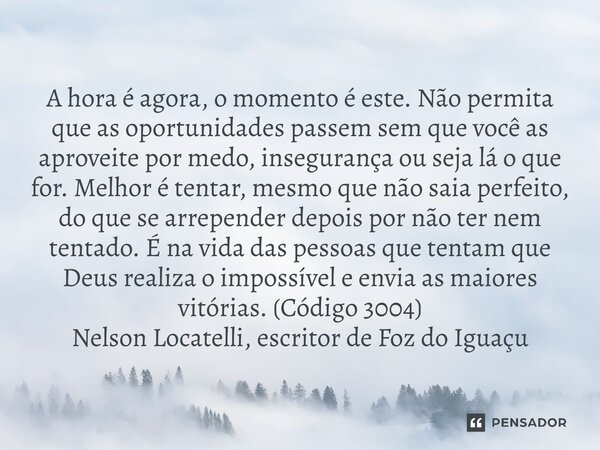 A hora é agora, o momento é este. Não permita que as oportunidades passem sem que você as aproveite por medo, insegurança ou seja lá o que for. Melhor é tentar... Frase de Nelson Locatelli, escritor de Foz do Iguaçu.