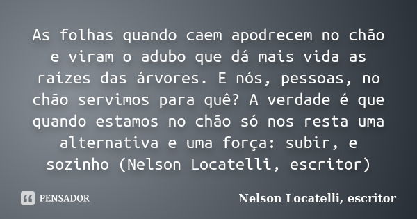 As folhas quando caem apodrecem no chão e viram o adubo que dá mais vida as raízes das árvores. E nós, pessoas, no chão servimos para quê? A verdade é que quand... Frase de Nelson Locatelli, escritor.