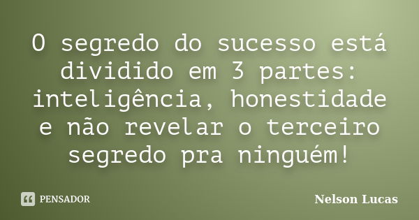 O segredo do sucesso está dividido em 3 partes: inteligência, honestidade e não revelar o terceiro segredo pra ninguém!... Frase de Nelson Lucas.