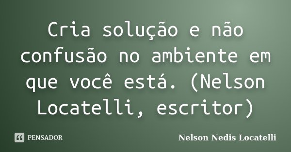 Cria solução e não confusão no ambiente em que você está. (Nelson Locatelli, escritor)... Frase de Nelson Nedis Locatelli.