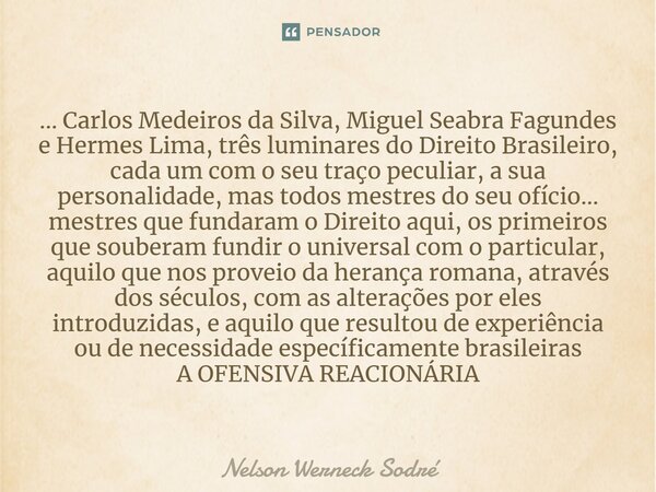 ⁠... Carlos Medeiros da Silva, Miguel Seabra Fagundes e Hermes Lima, três luminares do Direito Brasileiro, cada um com o seu traço peculiar, a sua personalidade... Frase de Nelson Werneck Sodré.