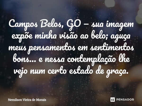 ⁠Campos Belos, GO — sua imagem expõe minha visão ao belo; aguça meus pensamentos em sentimentos bons... e nessa contemplação lhe vejo num certo estado de graça.... Frase de Nemilson Vieira de Morais.