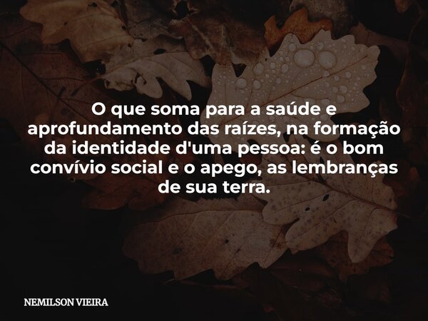 O que soma para a saúde e aprofundamento das raízes, na formação da identidade d'uma pessoa: é o bom convívio social e o apego, as lembranças de sua terra.... Frase de NEMILSON VIEIRA.