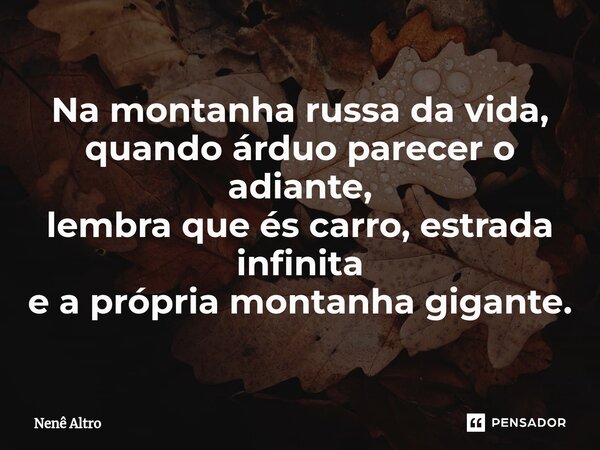 ⁠Na montanha russa da vida, quando árduo parecer o adiante, lembra que és carro, estrada infinita e a própria montanha gigante.... Frase de Nenê Altro.