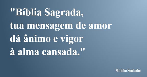 "Bíblia Sagrada, tua mensagem de amor dá ânimo e vigor à alma cansada."... Frase de Netinho Sonhador.