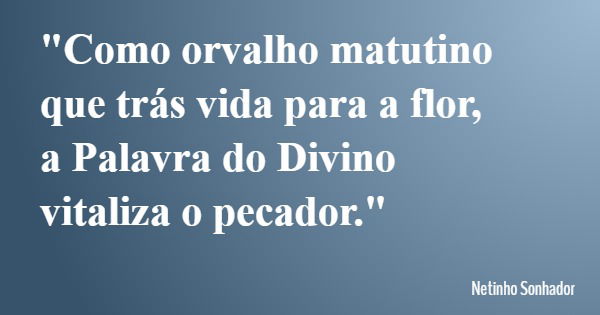 "Como orvalho matutino que trás vida para a flor, a Palavra do Divino vitaliza o pecador."... Frase de Netinho Sonhador.