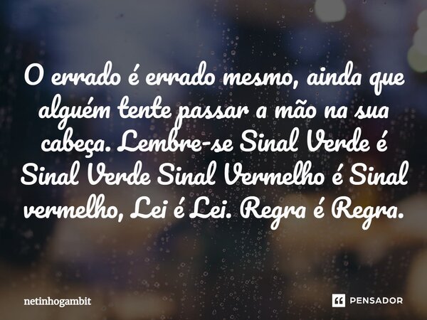 ⁠O errado é errado mesmo, ainda que alguém tente passar a mão na sua cabeça. Lembre-se Sinal Verde é Sinal Verde Sinal Vermelho é Sinal vermelho, Lei é Lei. Reg... Frase de Netinhogambit.