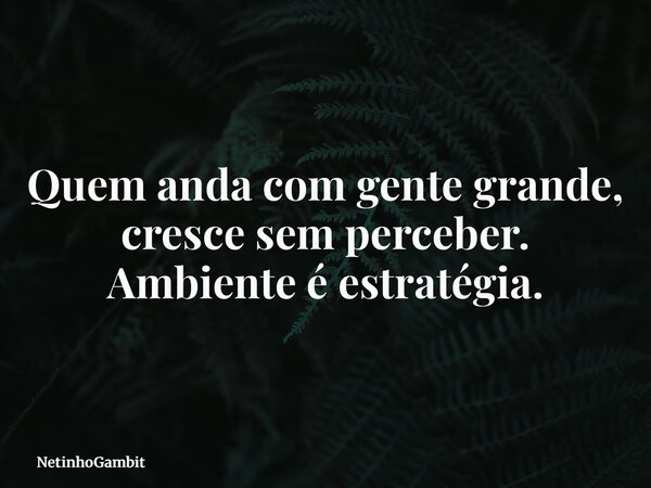 Quem anda com gente grande, cresce sem perceber. Ambiente é estratégia.... Frase de NetinhoGambit.