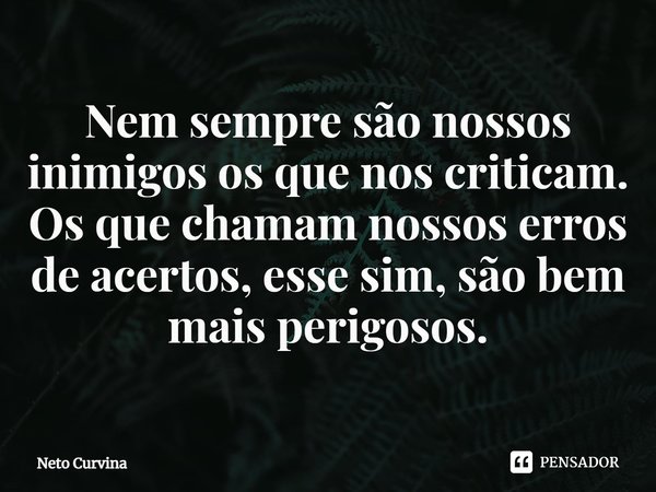 ⁠⁠Nem sempre são nossos inimigos os que nos criticam. Os que chamam nossos erros de acertos, esse sim, são bem mais perigosos.... Frase de Neto Curvina.