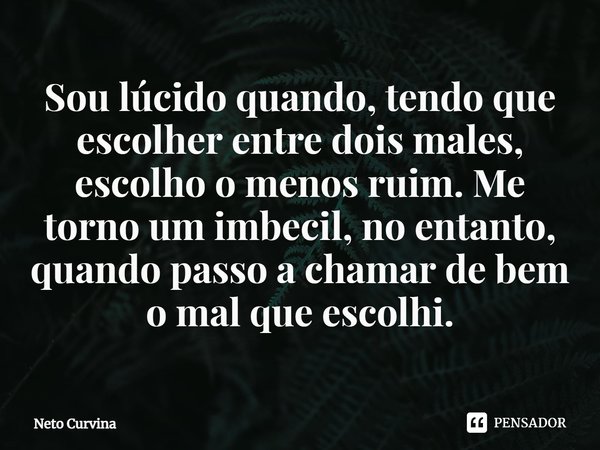 Sou lúcido quando, tendo que escolher entre dois males, escolho o menos ruim. Me torno um imbecil, no entanto, quando passo a chamar de bem o mal que escolhi.⁠... Frase de Neto Curvina.