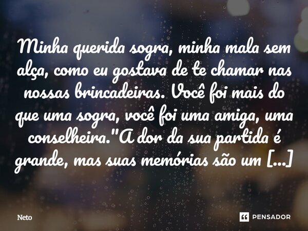 Minha querida sogra, minha mala sem alça, como eu gostava de te chamar nas nossas brincadeiras. Você foi mais do que uma sogra, você foi uma amiga, uma conselh... Frase de Neto.
