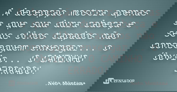 A decepção mostra apenas o que sua dura cabeça e seus olhos tapados não conseguem enxergar... o óbvio... O CAMINHO ERRADO!... Frase de Neto Montana.