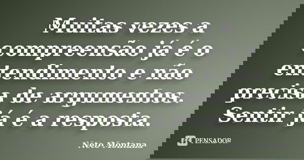 Muitas vezes a compreensão já é o entendimento e não precisa de argumentos. Sentir já é a resposta.... Frase de Neto Montana.