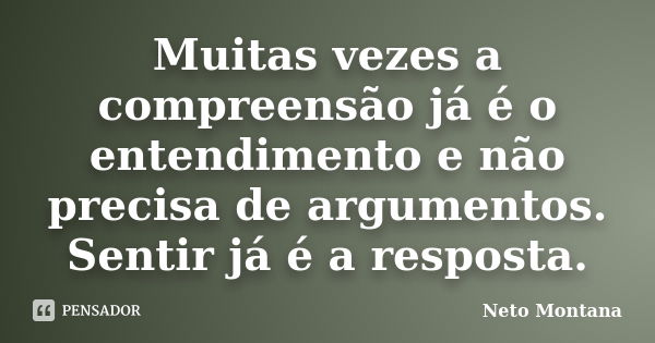 Muitas vezes a compreensão já é o entendimento e não precisa de argumentos. Sentir já é a resposta.... Frase de Neto Montana.