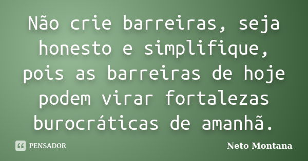 Não crie barreiras, seja honesto e simplifique, pois as barreiras de hoje podem virar fortalezas burocráticas de amanhã.... Frase de Neto Montana.