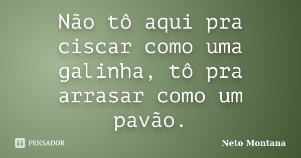 Não tô aqui pra ciscar como uma galinha, tô pra arrasar como um pavão.... Frase de Neto Montana.