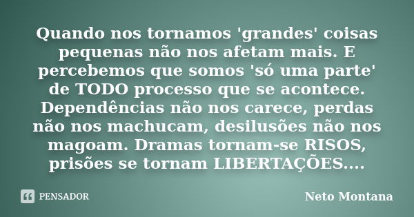 Quando nos tornamos 'grandes' coisas pequenas não nos afetam mais. E percebemos que somos 'só uma parte' de TODO processo que se acontece. Dependências não nos ... Frase de Neto Montana.