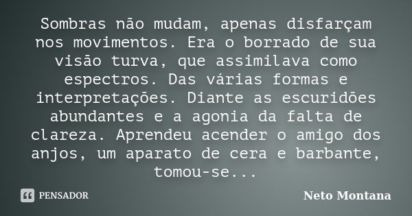 Sombras não mudam, apenas disfarçam nos movimentos. Era o borrado de sua visão turva, que assimilava como espectros. Das várias formas e interpretações. Diante ... Frase de Neto Montana.