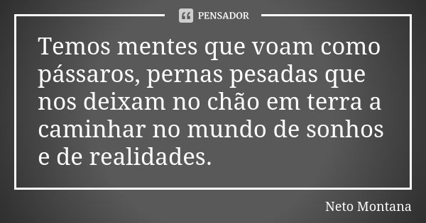 Temos mentes que voam como pássaros, pernas pesadas que nos deixam no chão em terra a caminhar no mundo de sonhos e de realidades.... Frase de Neto Montana.