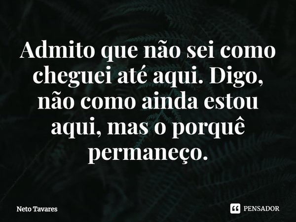 ⁠Admito que não sei como cheguei até aqui. Digo, não como ainda estou aqui, mas o porquê permaneço.... Frase de Neto Tavares.