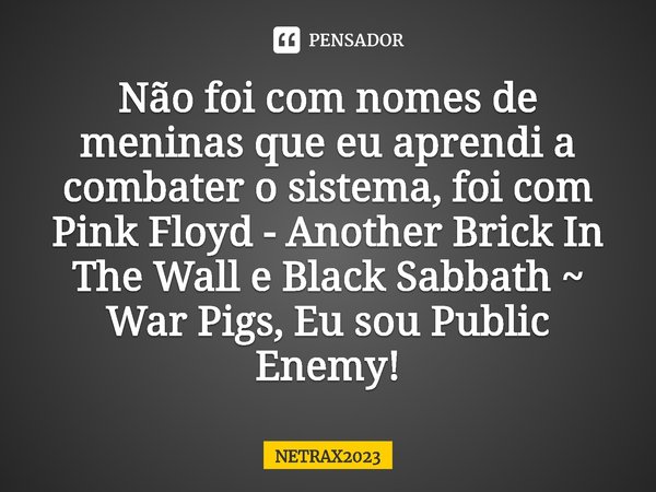 ⁠Não foi com nomes de meninas que eu aprendi a combater o sistema, foi com Pink Floyd - Another Brick In The Wall e Black Sabbath ~ War Pigs, Eu sou Public Enem... Frase de NETRAX2023.