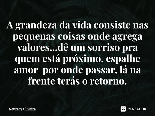 ⁠A grandeza da vida consiste nas pequenas coisas onde agrega valores...dê um sorriso pra quem está próximo, espalhe amor por onde passar, lá na frente terás o r... Frase de Neuracy Oliveira.