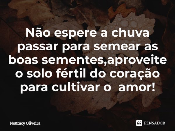 ⁠Não espere a chuva passar para semear as boas sementes,aproveite o solo fértil do coração para cultivar o amor!... Frase de Neuracy Oliveira.