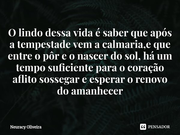 ⁠O lindo dessa vida é saber que após a tempestade vem a calmaria,e que entre o pôr e o nascer do sol, há um tempo suficiente para o coração aflito sossegar e es... Frase de Neuracy Oliveira.