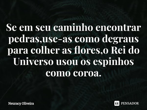 ⁠Se em seu caminho encontrar pedras,use-as como degraus para colher as flores,o Rei do Universo usou os espinhos como coroa.... Frase de Neuracy Oliveira.