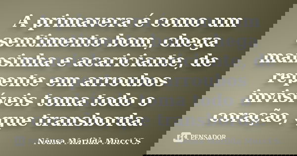 A primavera é como um sentimento bom, chega mansinha e acariciante, de repente em arroubos invisíveis toma todo o coração, que transborda.... Frase de Neusa Marilda Mucci S..